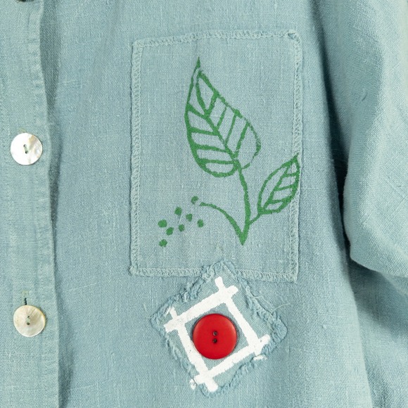 Cover Charge Shirt Womens One Size Blue Linen Button Up Patches Artsy Cottage - Picture 3 of 12